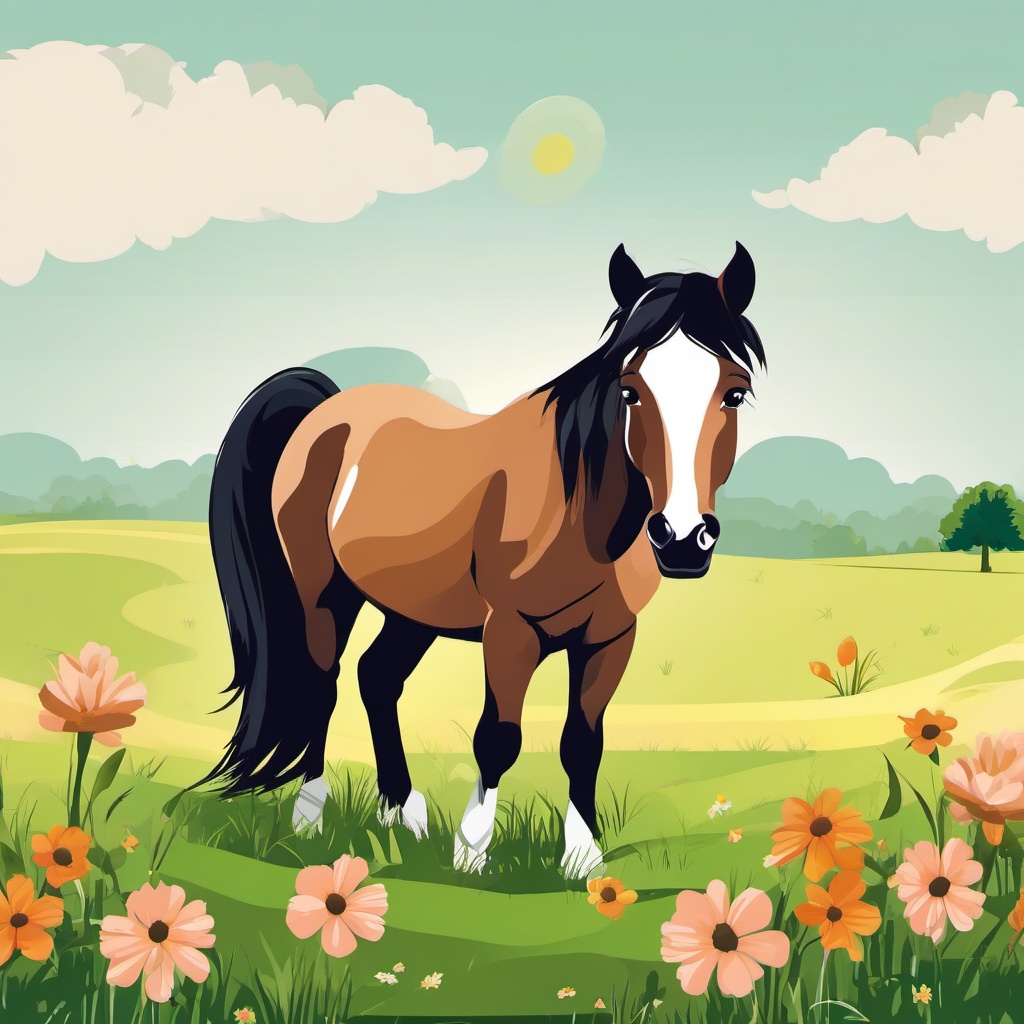 Pony clipart - Sweet pony grazing in a field, ,vector color clipart,minimal