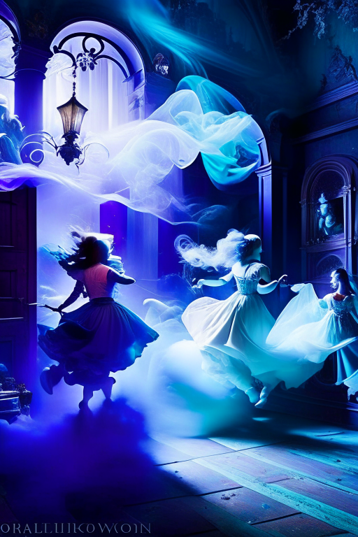 ghostly spirits vs poltergeist - spectral skirmish in a haunted mansion, objects flying in a chaotic dance. 