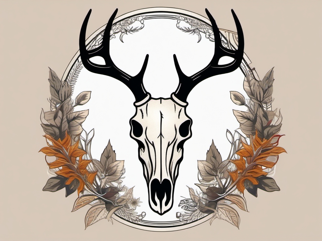 Uncomplicated antlers frame a deer skull, nature's elegance.  simple color tattoo style