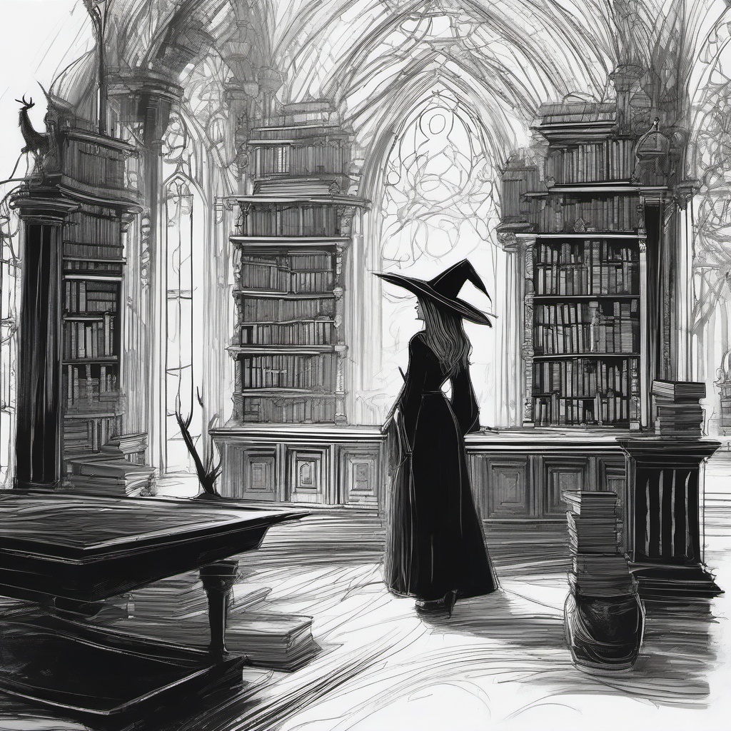 drawing of a witch in a mystical library  minimal rough sketch scribbles,doodles,black and white