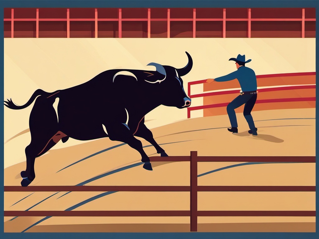 Rodeo Bull Riding Challenge Clipart - A rodeo cowboy facing the challenge of a bucking bull.  color vector clipart, minimal style