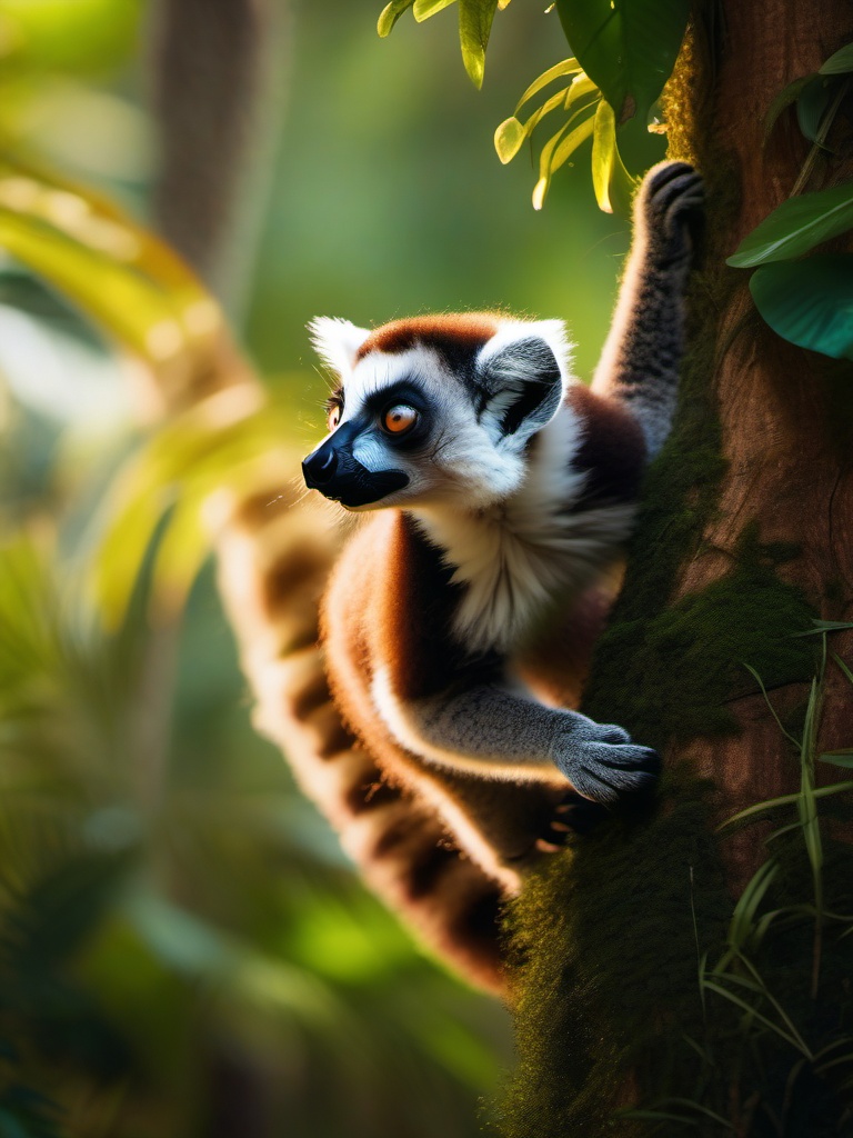 Cute Lemur Leaping through the Madagascar Rainforest 8k, cinematic, vivid colors