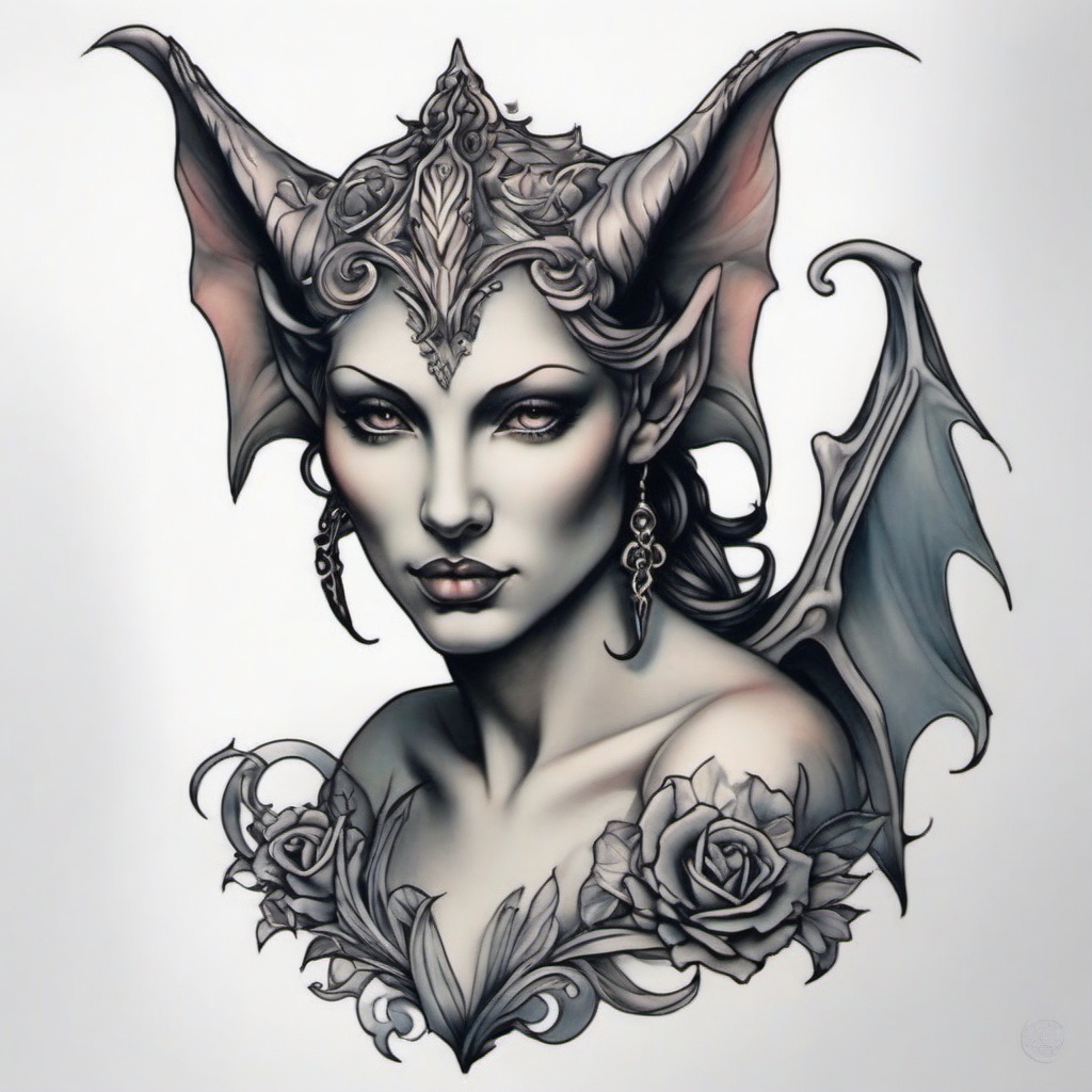 feminine gargoyle tattoo  simple color tattoo design,white background