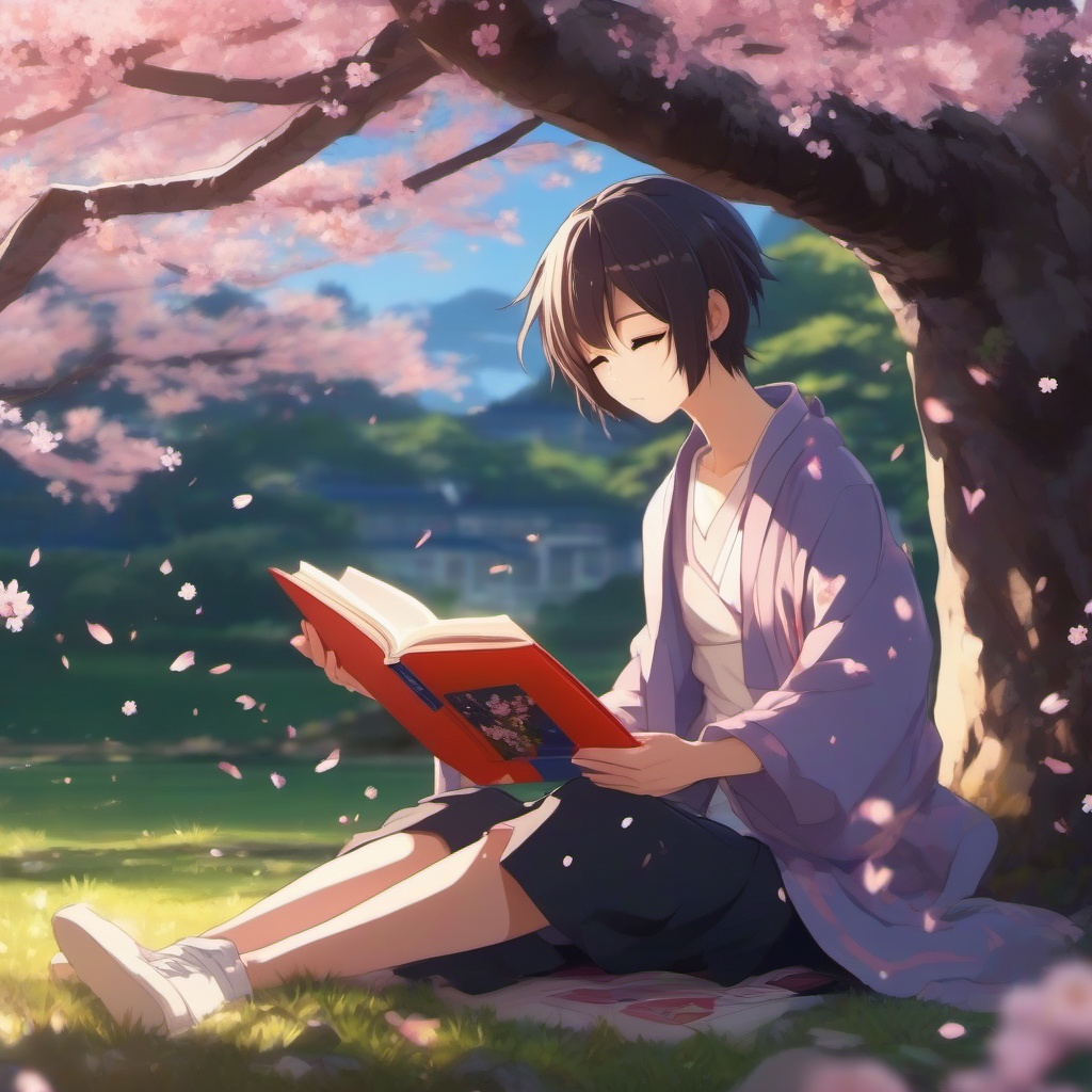 Laid-back anime character reading a book under a sakura tree.  front facing ,centered portrait shot, cute anime color style, pfp, full face visible