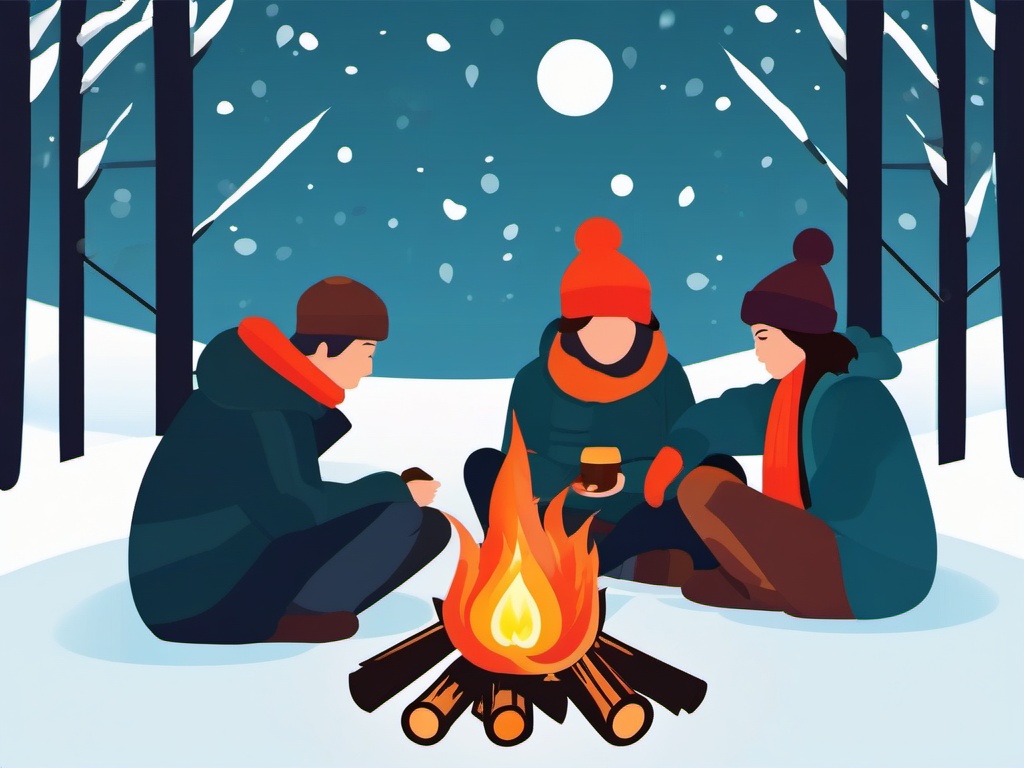 Winter Bonfire clipart - Gathered around a warm bonfire in winter, ,vector color clipart,minimal