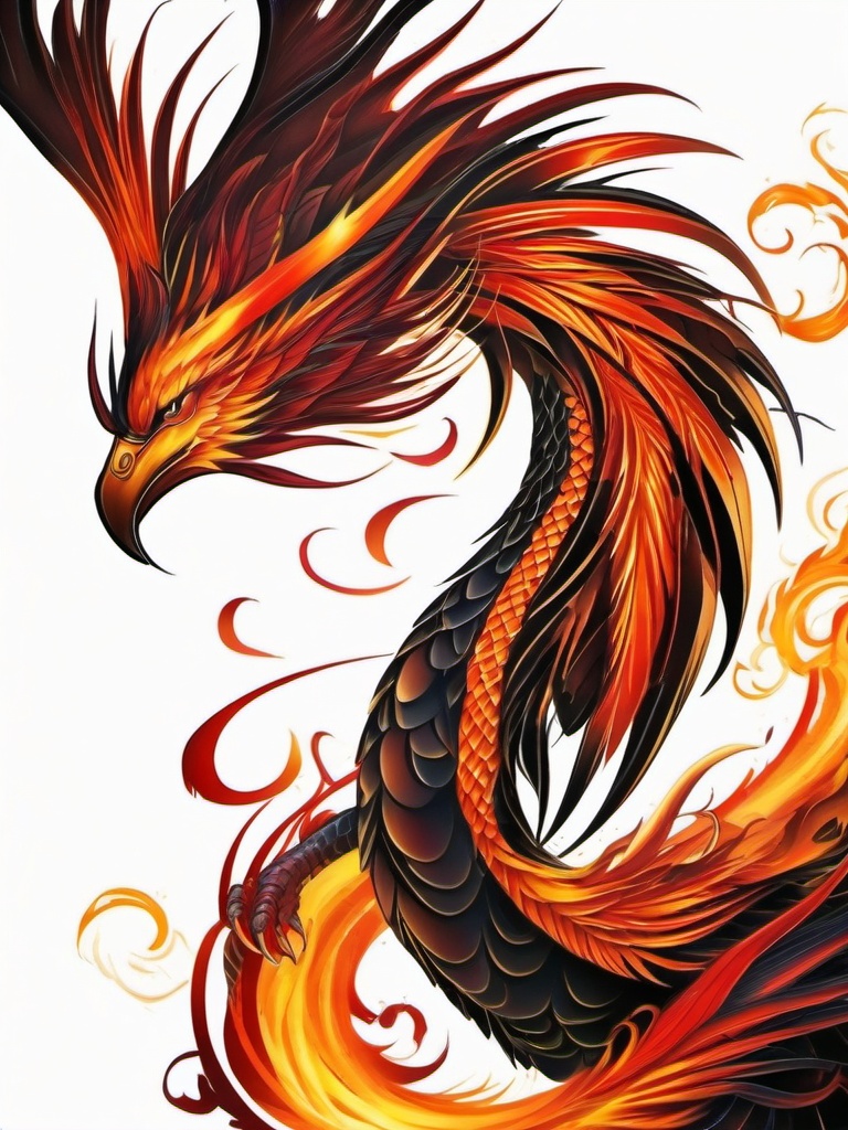 Phoenix and dragon tattoo, Tattoos that combine the symbolism of the phoenix with the might of the dragon. , color tattoo designs, white clean background