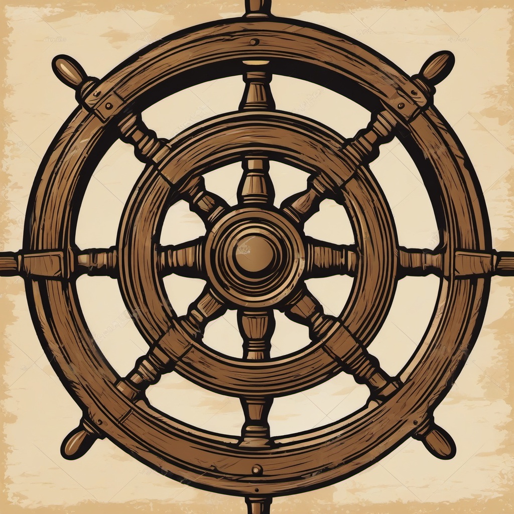 Old Ship Wheel on Deck Clipart - Weathered ship wheel on an antique vessel.  color clipart, minimalist, vector art, 