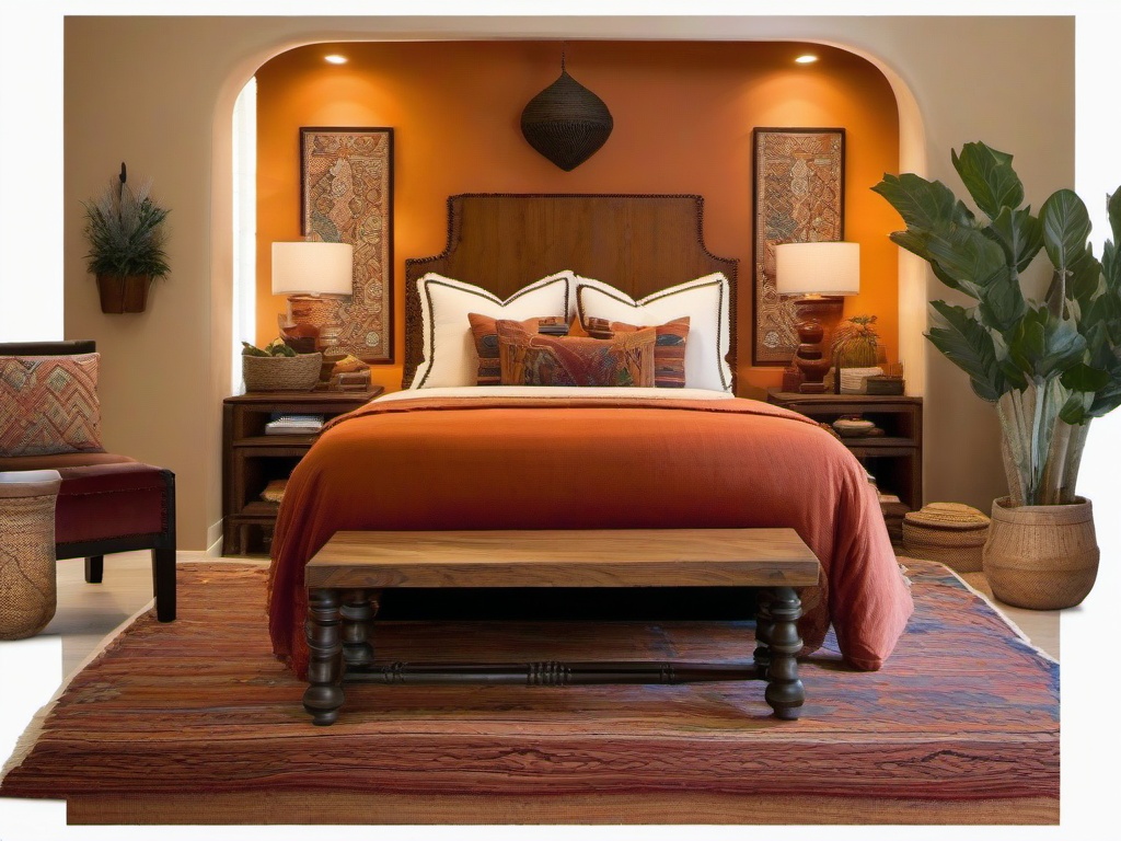 Spanish Revival bedroom incorporates warm colors, patterned textiles, and rustic wooden furniture to create a vibrant and inviting atmosphere.  