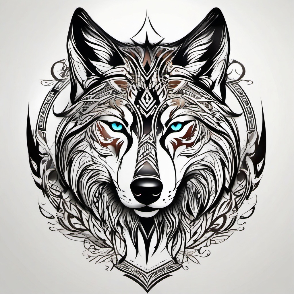 Tattoo Tribal Wolf,tribal masterpiece, where the wolf's spirit harmonizes with ancient symbols, story etched in ink. , color tattoo design, white clean background