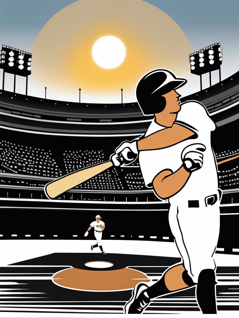 baseball clipart: hitting a home run under stadium lights. 