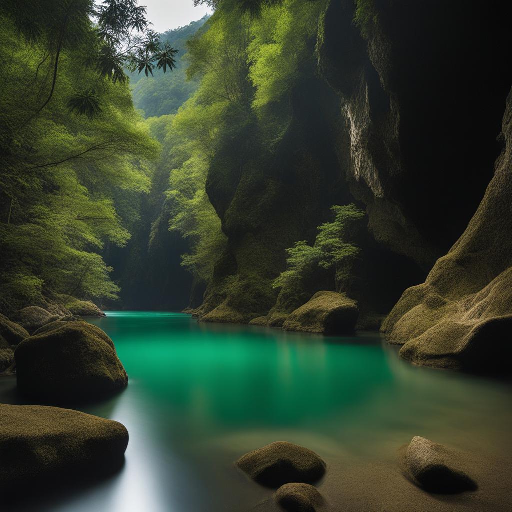 oboke gorge - capture the serene night atmosphere of oboke gorge, where dramatic cliffs and emerald-green waters provide a picturesque setting. 