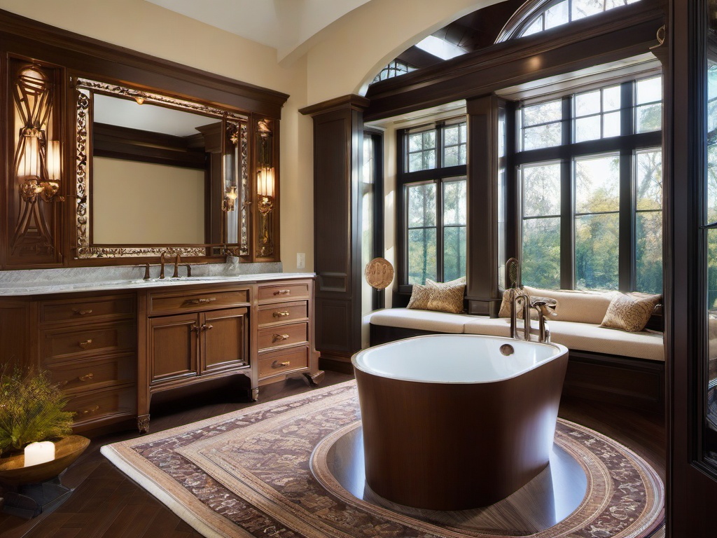 A master bathroom with Russian Revival interior design incorporates luxurious fixtures, rich materials, and decorative accents that transform the space into a sophisticated retreat for relaxation.  