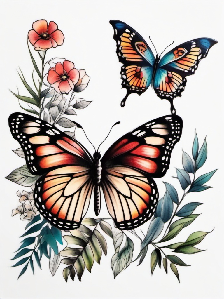 butterfly garden tattoo designs  simple color tattoo, minimal, white background