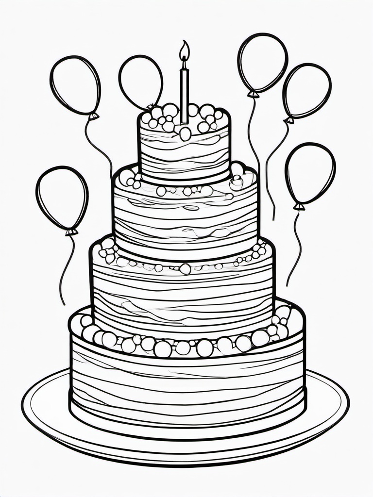 Birthday Cake with Balloons Floating Coloring Pages - Cake Surrounded by Flying Balloons  minimal black outline printable sheet, coloring page