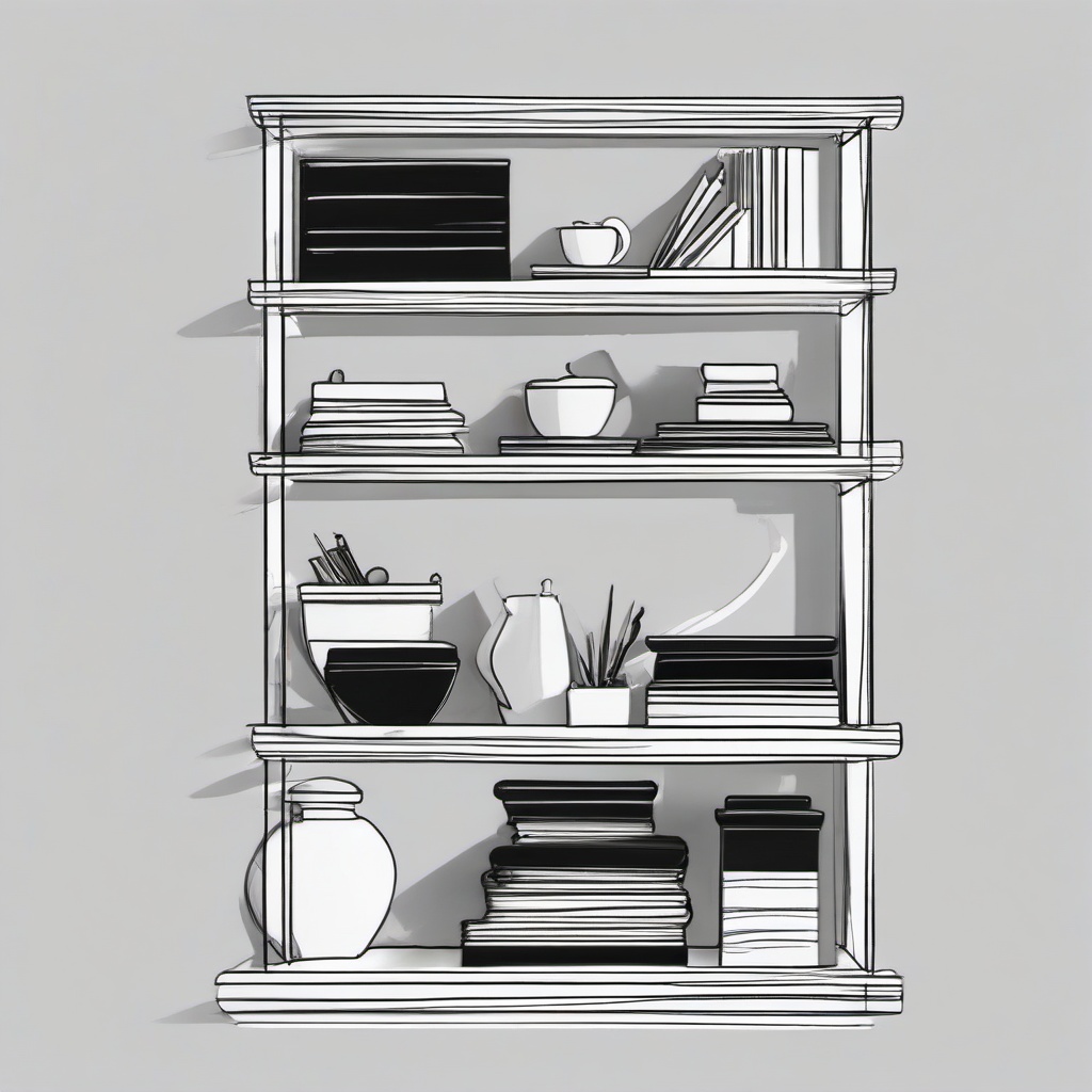 drawing of shelf  minimal rough scribbles,doodles,black and white