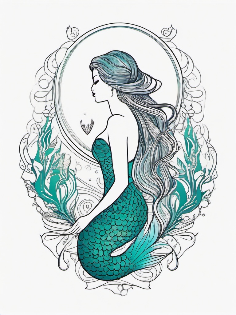 Fine Line Mermaid Tattoo - Showcase precision and elegance with a fine line mermaid-themed tattoo.  simple vector color tattoo,minimal,white background