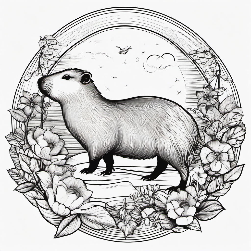 Capybara Tattoo - Social capybara with its furry friends  few color tattoo design, simple line art, design clean white background