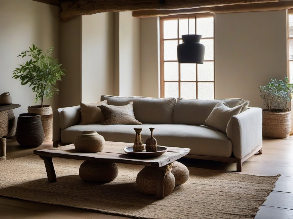 Wabi Sabi interior design in the living room features a low wooden coffee table, handmade pottery, and natural textiles that create a warm and inviting atmosphere.  