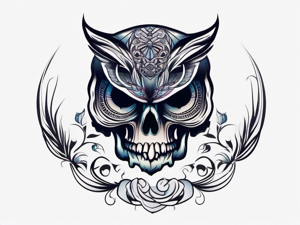 Skull with Owl Tattoo - Blend mystery and symbolism with a skull featuring an owl tattoo.  simple color tattoo,vector style,white background