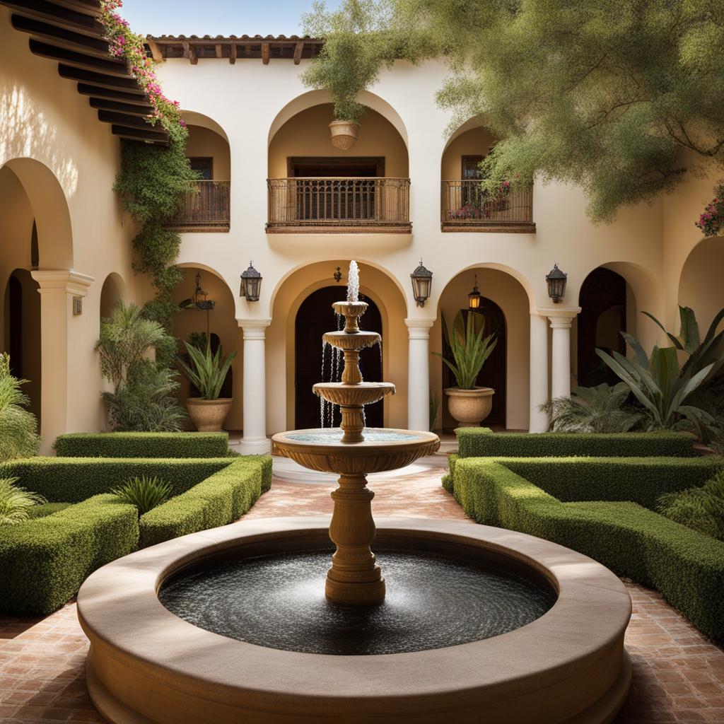 step into the serene courtyard of a spanish hacienda, with a central fountain and lush gardens. 