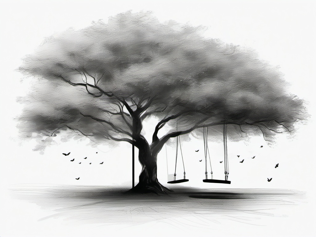 drawing of a tree with a swing  minimal rough sketch scribbles,doodles,black and white