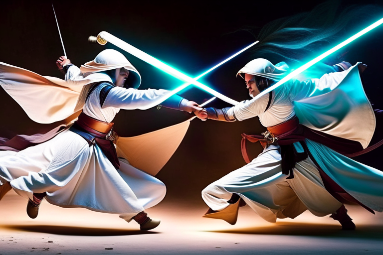 agile dervish wielding twin scimitars, dancing through combat with blinding speed. 