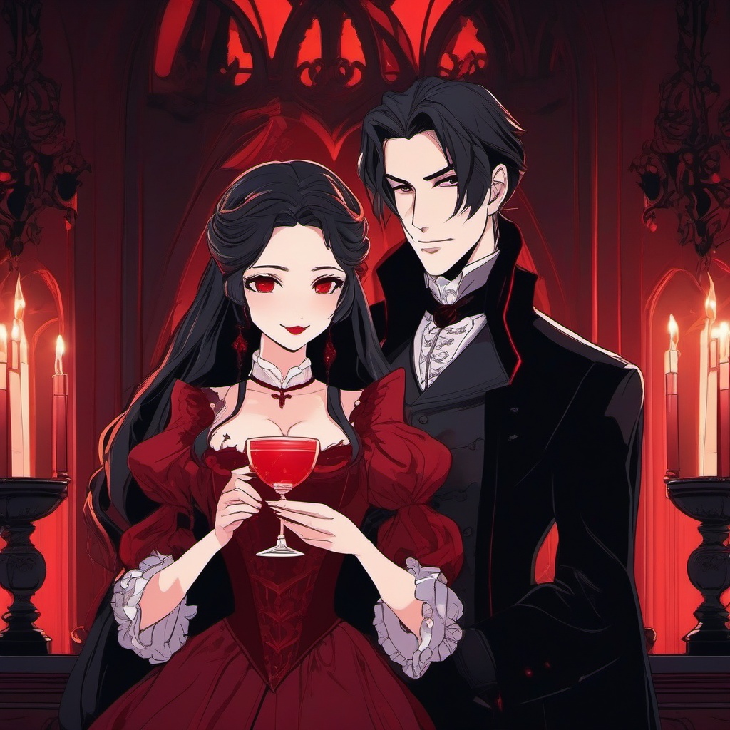 Adorable vampire character and alluring vampire companion, in a Gothic mansion, savoring goblets of crimson blood under the flickering candlelight, as a matching pfp for couples. wide shot, cool anime color style