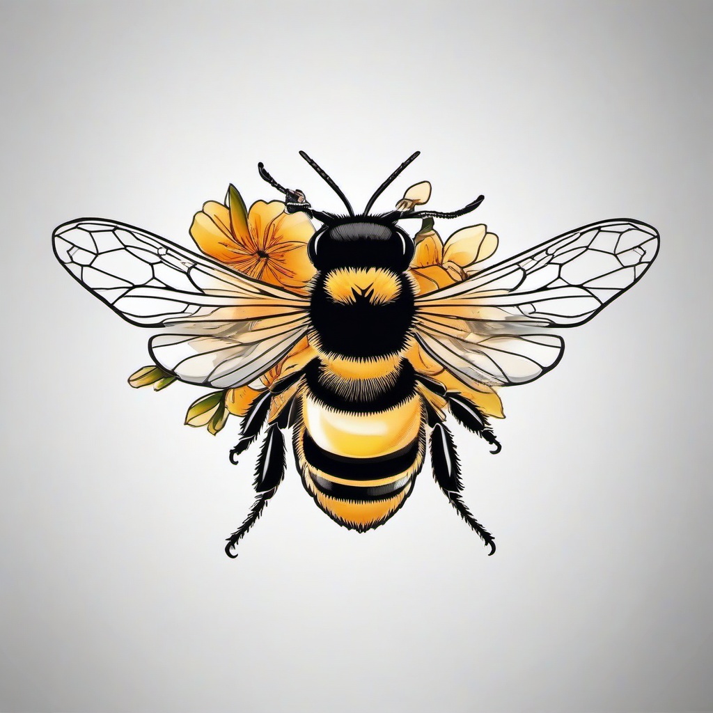 Honey Bee Tattoo with Flowers - Infuse your ink with the beauty of blooms with a honey bee tattoo with flowers, celebrating the insect's role in pollination.  simple tattoo,minimalist,white background