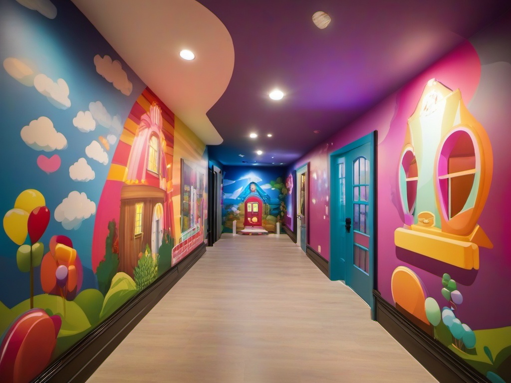 Candy Land hallway showcases colorful wall murals, playful decor, and whimsical lighting, creating a fun atmosphere that guides movement through the home.  