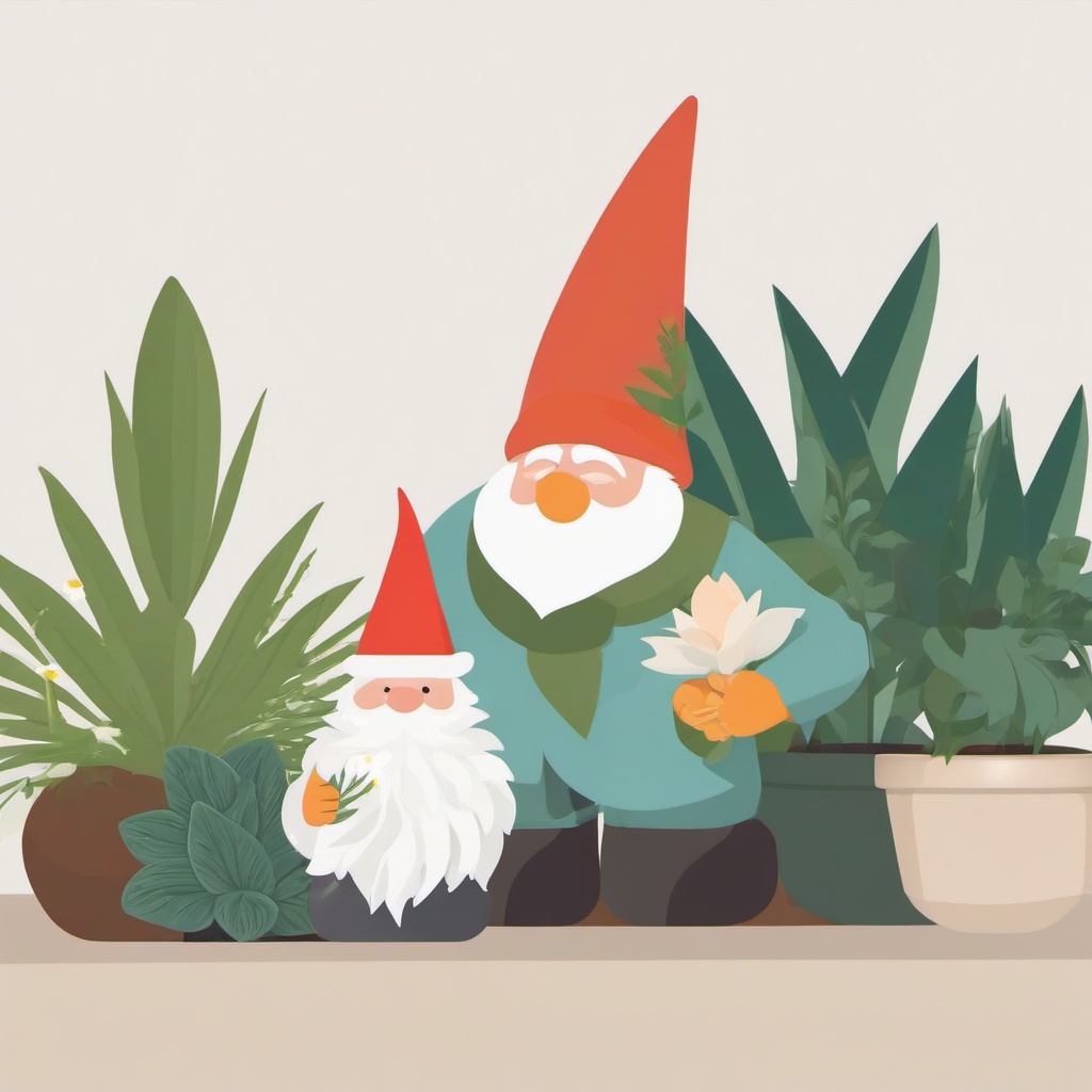 Plant clipart - flowering plant next to a garden gnome  color,minimalist,vector clipart