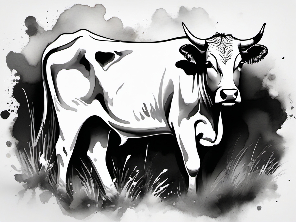 Watercolor grazing cow tattoo: Artistic fluidity, capturing movement.  black and white tattoo style