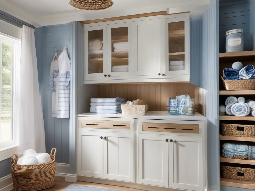 Nautical laundry room showcases blue and white accents, seashell decor, and light wood elements that evoke a breezy seaside atmosphere.  