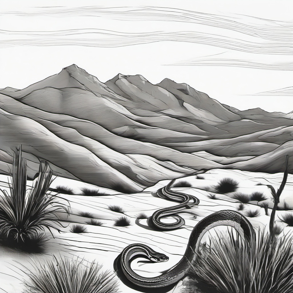 drawing of a snake in a desert landscape  minimal rough sketch scribbles,doodles,black and white