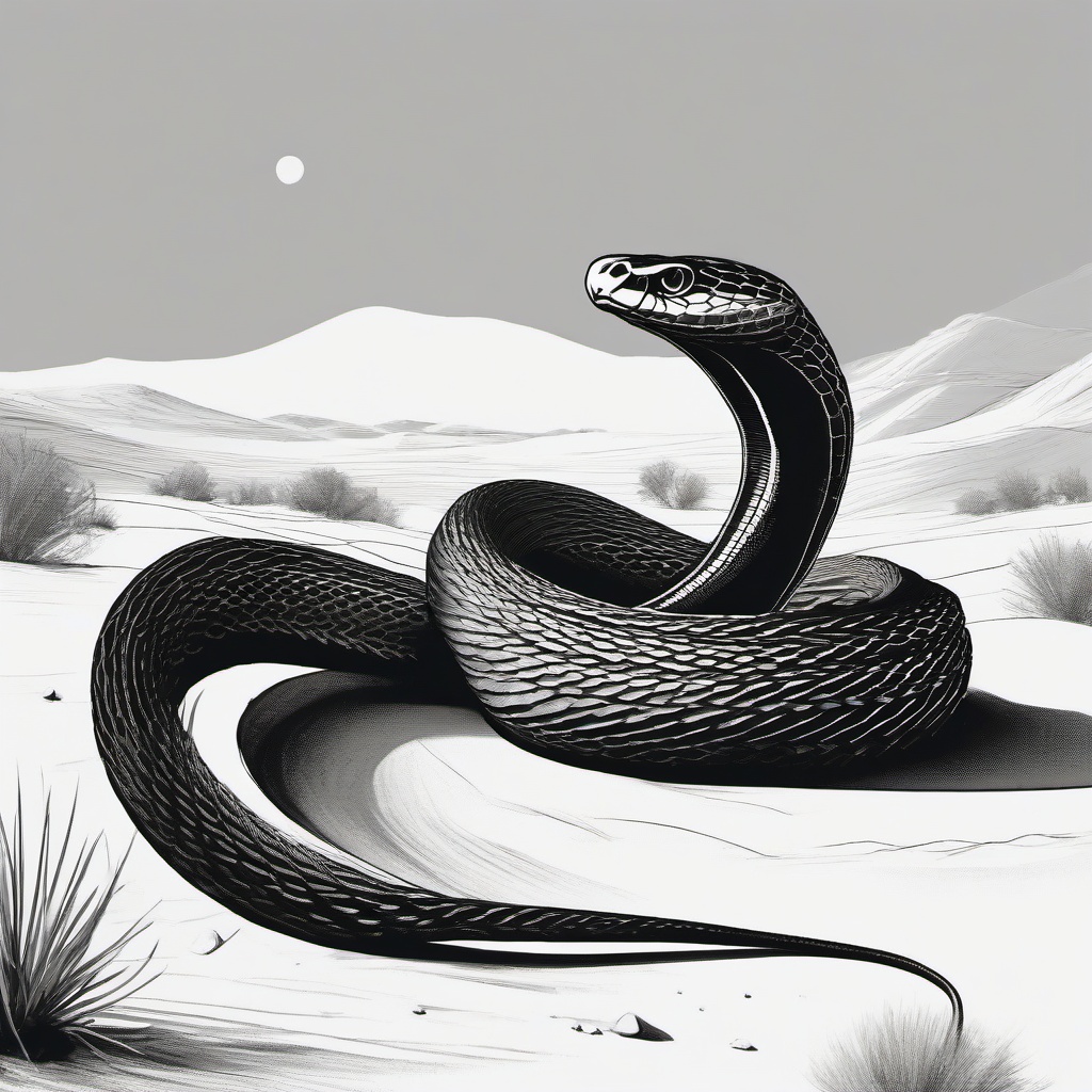 drawing of a cobra in the desert  minimal rough sketch scribbles,doodles,black and white