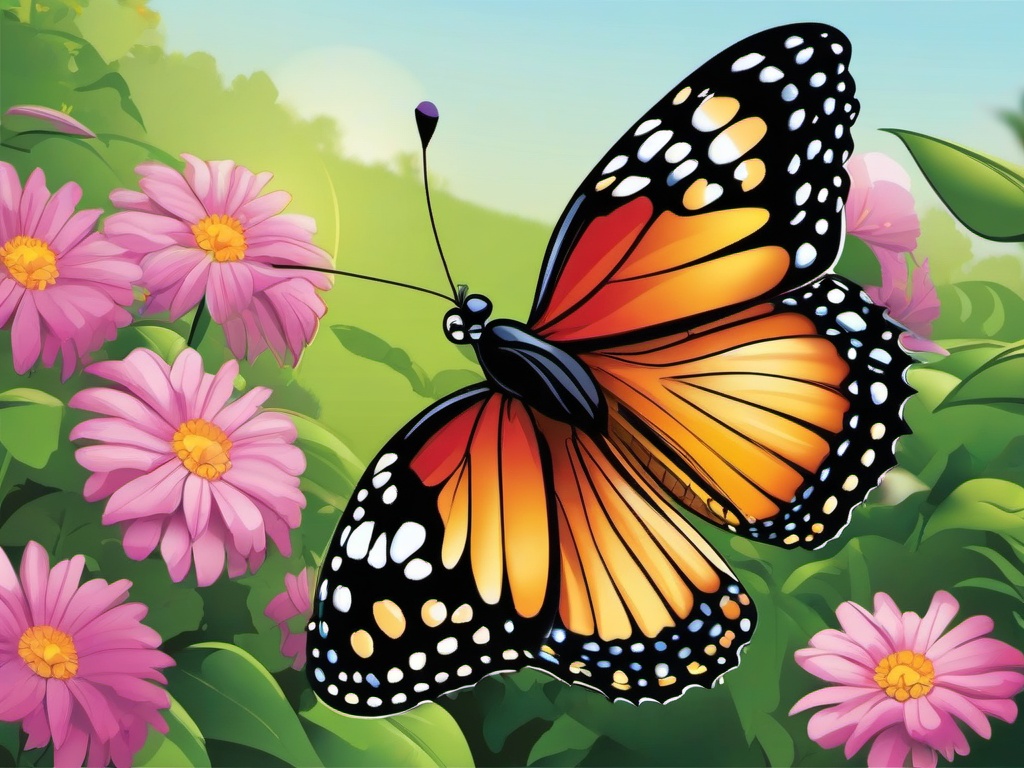 Butterfly Cartoon - Cartoon of butterfly fluttering around flowers  