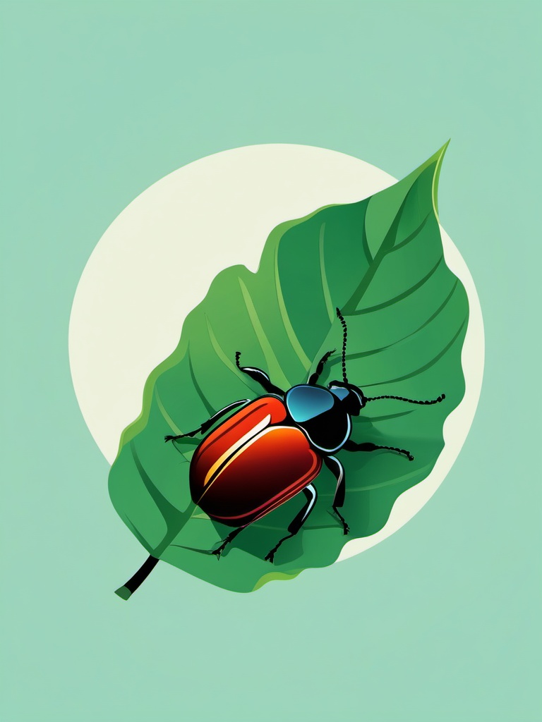 Beetle on a Leaf Clip Art - Beetle resting on a green leaf,  color vector clipart, minimal style