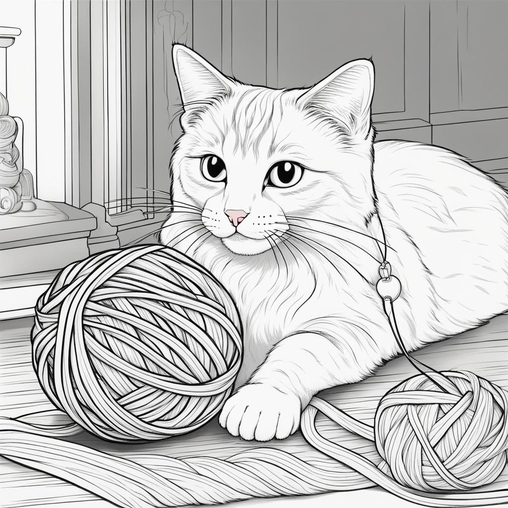 cat coloring pages - a mischievous cat plays with a ball of yarn in a cozy living room. 