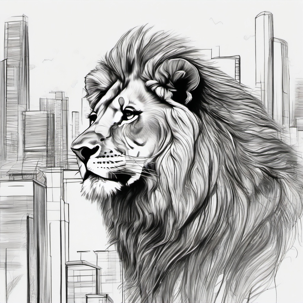 drawing of a lion in city  minimal rough sketch scribbles,doodles,black and white