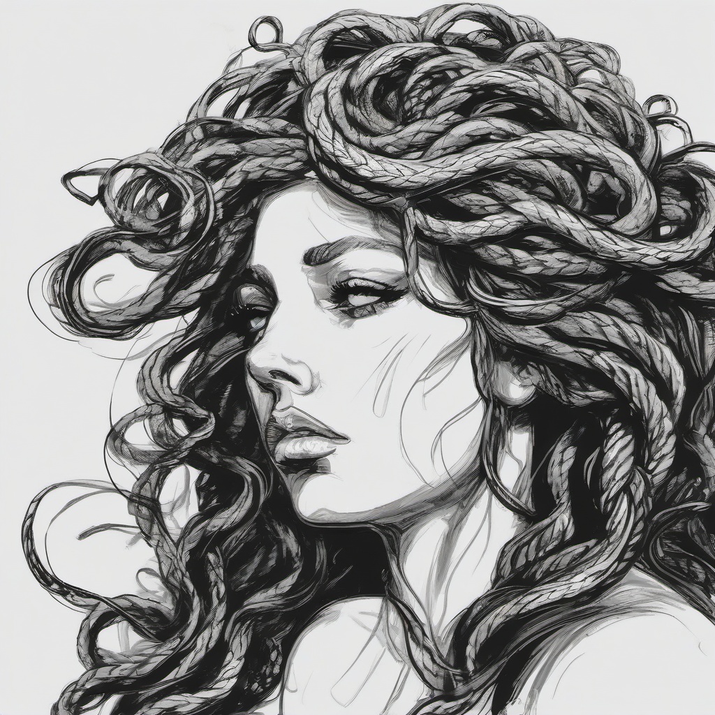 drawing of Medusa with a sorrowful expression  minimal rough sketch scribbles,doodles,black and white