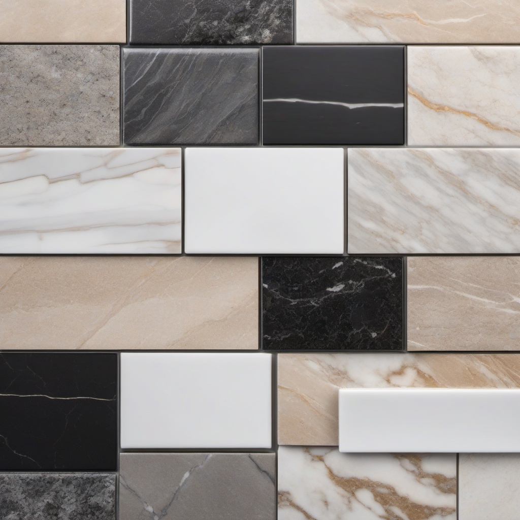 Porcelain and marble and granite and travertine and granite stacked bond tile layout top view, product photoshoot realistic background, hyper detail, high resolution