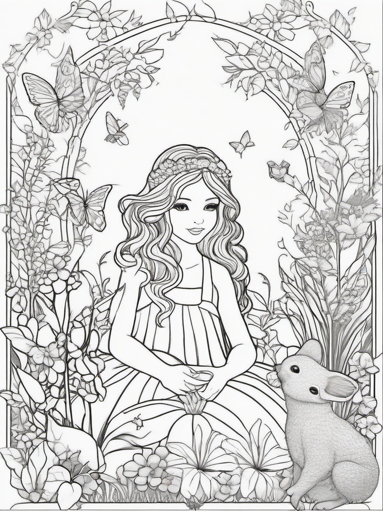 Fairy with Magical Garden Creatures Coloring Pages - Fairy Playing with Enchanted Garden Animals  minimal black outline printable sheet, coloring page