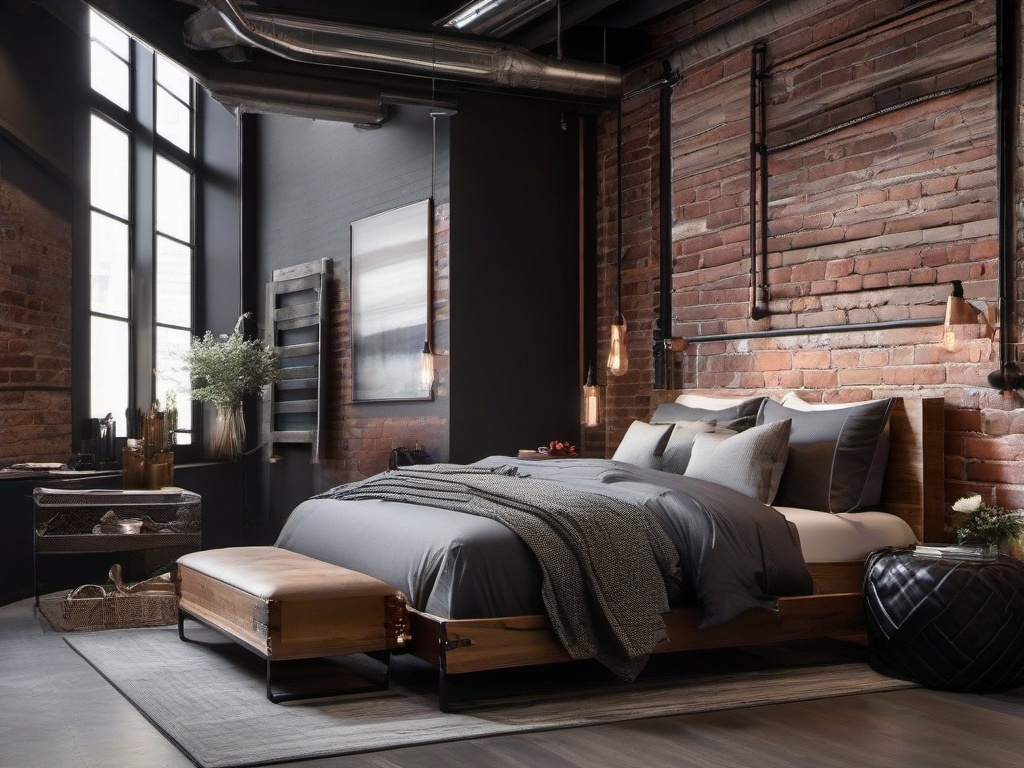 Industrial master bedroom incorporates exposed brick walls, a metal bed frame, and wooden accents, giving it a trendy urban vibe.  