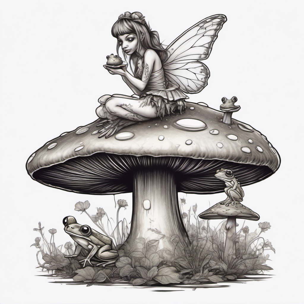 Fairy on rotting toadstool holding a frog  ,tattoo design, white background