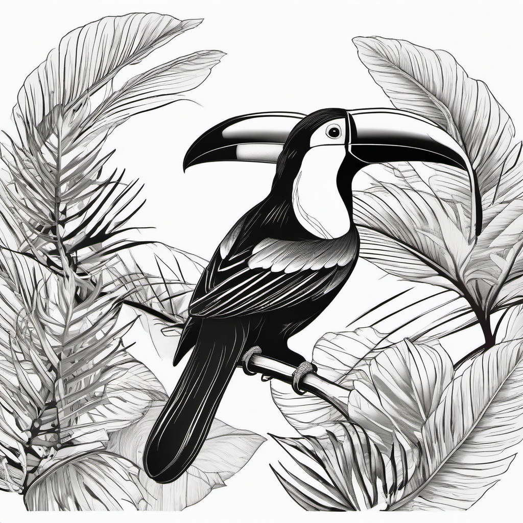 Toucan Tattoo - Toucan sitting in a tropical rainforest canopy  few color tattoo design, simple line art, design clean white background