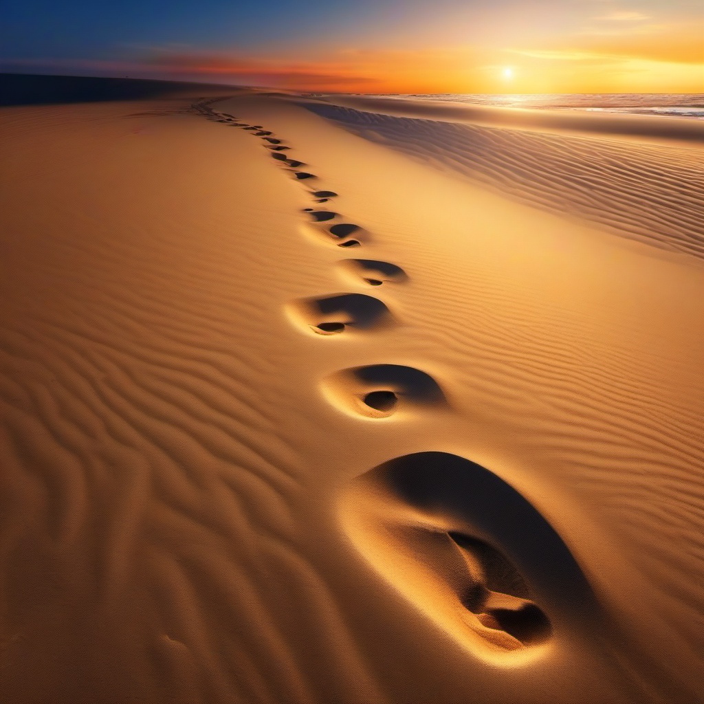 Footprints in the sand at sunset close shot perspective view, photo realistic background, hyper detail, high resolution