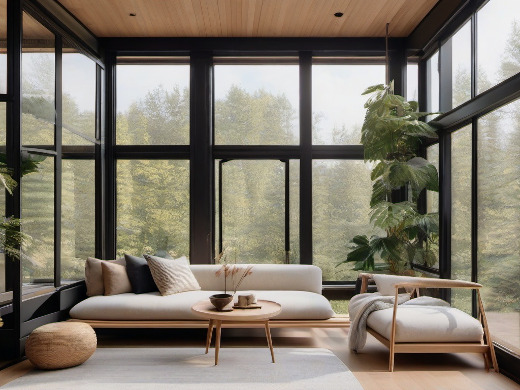 A sunroom with Japandi interior design highlights large windows, natural light, and minimalist furnishings that create a bright and airy space to enjoy the beauty of nature.  