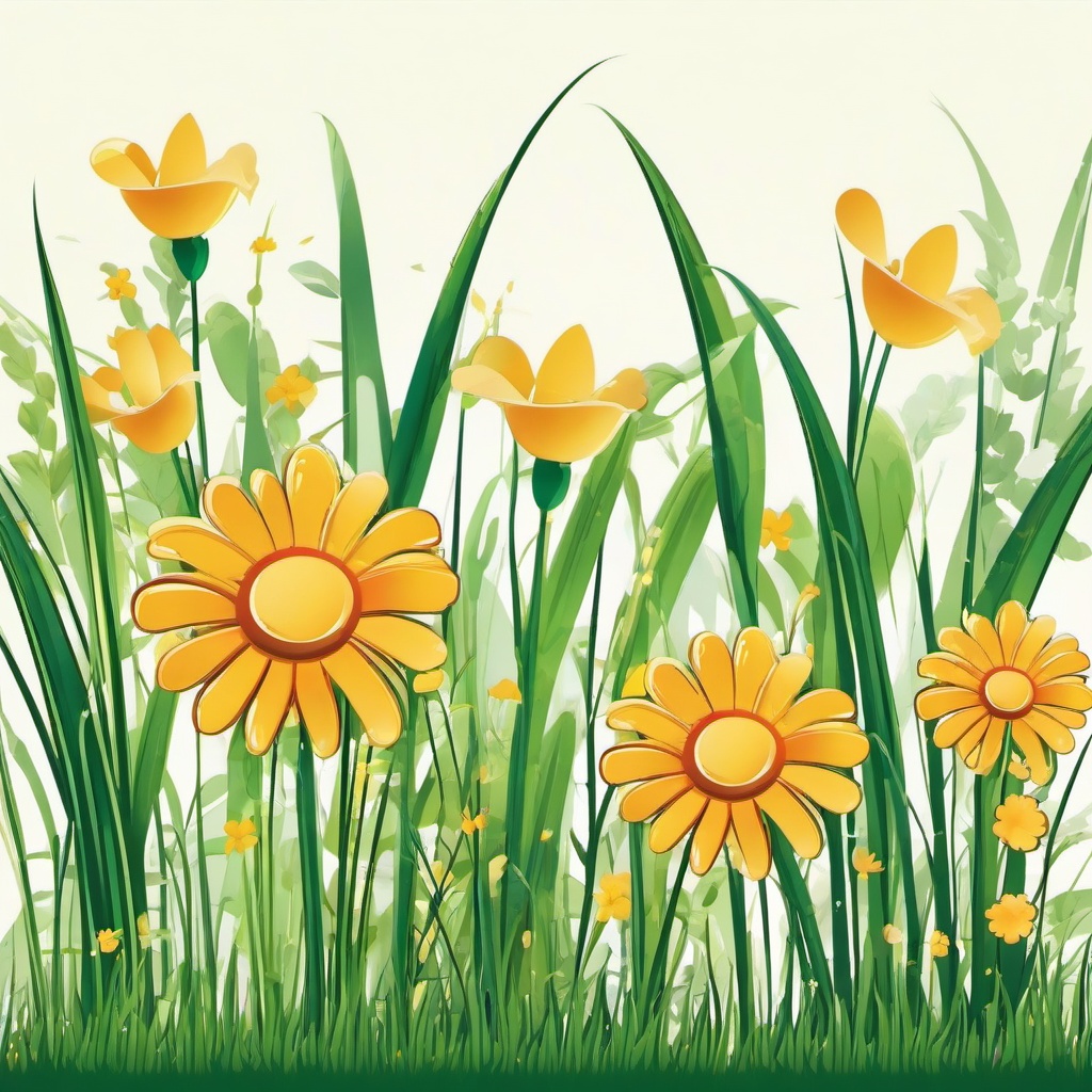 Grass clipart - cartoon grass with smiling flowers  color,minimalist,vector clipart