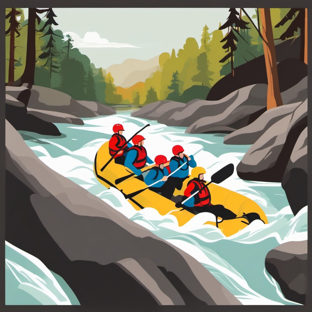 River Rafting Thrilling Rapids Clipart - Rafters navigating exhilarating river rapids.  color vector clipart, minimal style