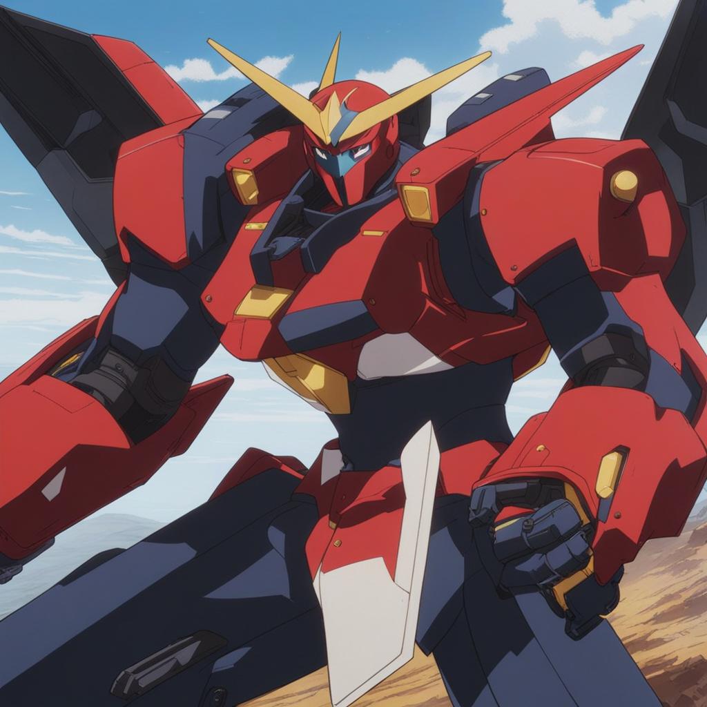 simon pilots the gurren lagann mecha against imposing enemy gunmen on the surface. 