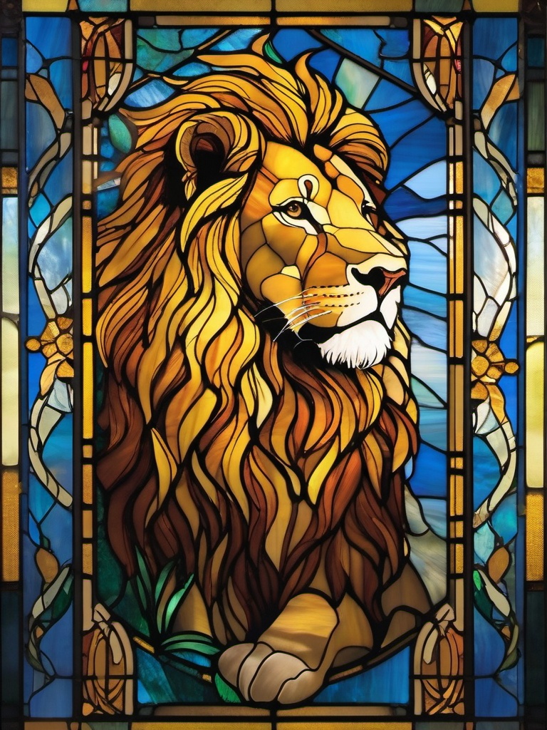 Stained Glass Lion - Majestic lion with golden mane  